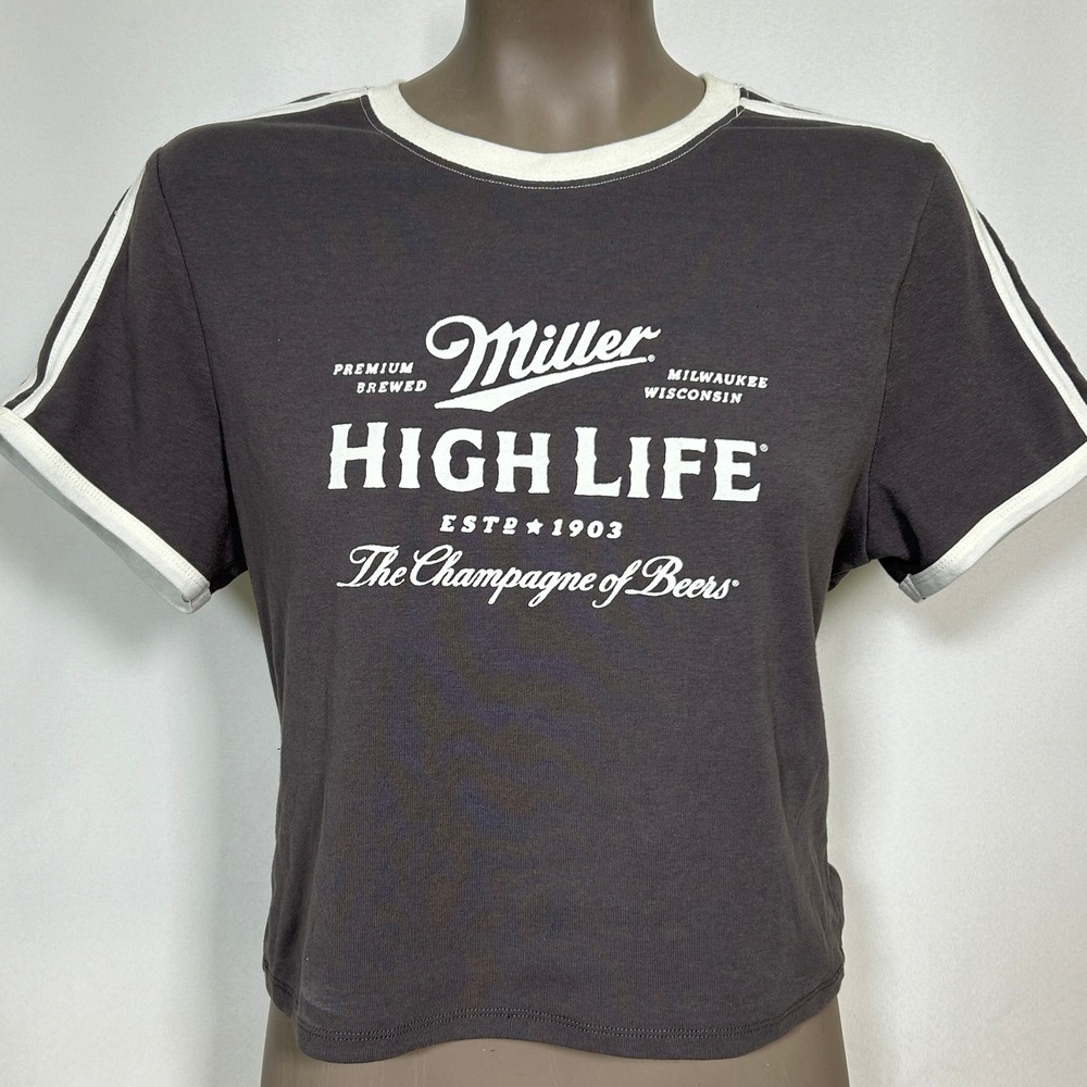 Miller High Life Beer Hybrid Charcoal Grey Cropped Ringer T-Shirt Women's XL